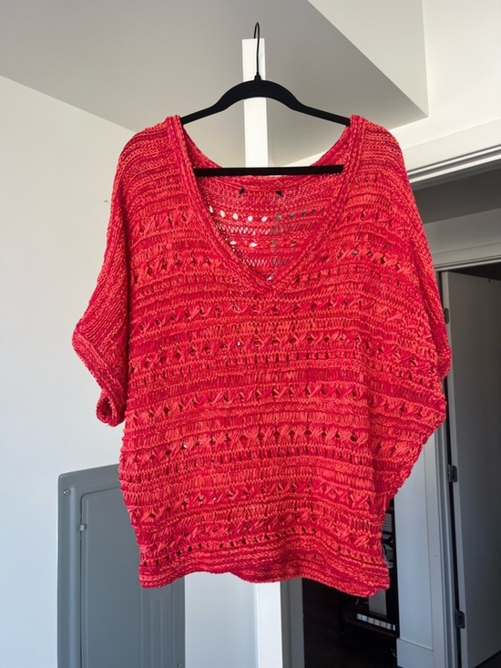 Sweaters - Red Knit V-Neck Openwork Sweater Top